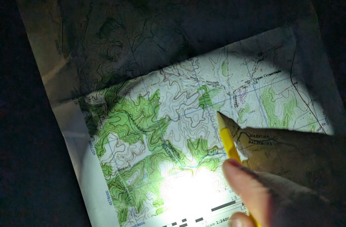 Reviewing a CalTopo map by flashlight